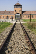 Poland, Auschwitz-Birkenau State Museum, Birkenau Concentration Camp, Railway tracks leading to the camps main SS guard gate.