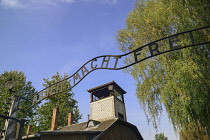 Poland, Auschwitz-Birkenau State Museum, Auschwicz Concentration Camp, 'Arbeit Macht Frei' slogan above the entrance gate.