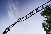 Poland, Auschwitz-Birkenau State Museum, Auschwicz Concentration Camp, 'Arbeit Macht Frei' slogan above the entrance gate.