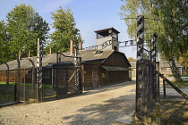 Poland, Auschwitz-Birkenau State Museum, Auschwicz Concentration Camp, Entrance gate with 'Arbeit Macht Frei' slogan.