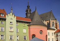 Poland, Krakow, Maly Rynek or Little Market Square, Rear view of Church of Saint Barbara and St Mary's Church.