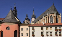 Poland, Krakow, Maly Rynek or Little Market Square, Rear view of Church of Saint Barbara and St Mary's Church.