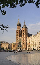 Poland, Krakow, Rynek Glowny or Main Market Square, St Mary's Church also known as St Marys Basilica.
