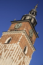 Poland, Krakow, Rynek Glowny or Main Market Square, Wieza Ratuszowa or Town Hall Tower, detail of the upper section.