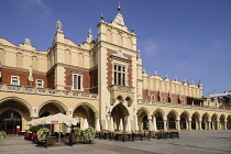 Poland, Krakow, Rynek Glowny or Main Market Square, A section of the facade of the Sukiennice or The Cloth Hall.