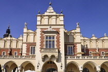 Poland, Krakow, Rynek Glowny or Main Market Square, A section of the facade of the Sukiennice or The Cloth Hall.