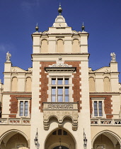 Poland, Krakow, Rynek Glowny or Main Market Square, A section of the facade of the Sukiennice or The Cloth Hall.