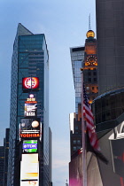 USA, New York State, New York City, Manhattan, Crowds of tourists in illuminated Times Square at night.