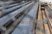 USA, New York State, New York City, Manhattan, Midtown, MTA trains parked in the West Side Yard.