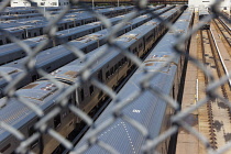 USA, New York State, New York City, Manhattan, Midtown, MTA trains parked in the West Side Yard.