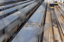 USA, New York State, New York City, Manhattan, Midtown, MTA trains parked in the West Side Yard.