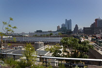 USA, New York State, New York City, Manhattan, View over the West Side Rail Yard from the High Line public park on disused elevated railway track.