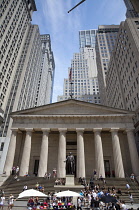 USA, New York State, New York City, Manhattan, Exterior of Federal Hall with statue of George Washington outside.