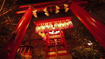 Japan, Kyoto, Nishiki Market on Nisiki koji-dori street, Nishiki Temmangu shrine, an Inari fox shrine with red torii gate, at night, lanterns from donors.