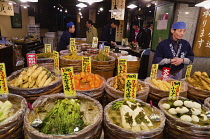 Japan, Kyoto,  Nishiki Market on Nisiki koji-dori street, barrels of various vegetables prepared as pickles, a Nishiki specialty.