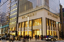 Japan, Tokyo, Ginza, Sunday shoppers, Chuo-dori Avenue the BVLGARI store. **Editorial Use Only**