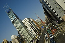 Japan, Tokyo, Tamach, Sakurada-dori Street, with Tokyo Tower in background.