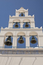 Greece, Santorini, Oia, Bell tower of Panagia Platsani Church, Caldera Square.
