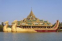 Myanmar, Yangon, Karaweik Barge, concrete replica of the Royal Barge, Kandawgyi Lake.