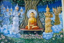 Myanmar, Yangon, Painting depicting the life of Buddha on a prayer hall wall, Shwedagon Pagoda.