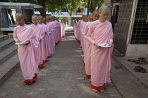 Myanmar, Mandalay, Nuns queuing for a meal, Sakyadhita Thilashin Nunnery School, Sagaing.
