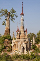 Myanmar, Shan State, Indein ,Some of the numerous stupas at the Shwe Indein Pagoda.