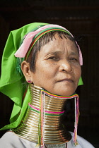 Myanmar, Shan State, Inle Lake, Woman with long neck from the Padaung tribe, Ywama village.