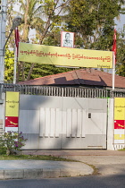 Myanmar, Yangon, Gated entrance to the home of Aung San Suu Kyi, 54 University Avenue.