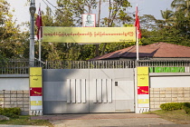 Myanmar, Yangon, Gated entrance to the home of Aung San Suu Kyi, 54 University Avenue.