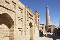 Uzbekistan, Khiva,Pahlavan Mahmud Mausoleum on left and Islam Khodja Minaret, Ichan Kala.