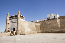 Uzbekistan, Bukhara, Entrance, outer walls and viewing gallery of the Ark Fortress, Registan Square.