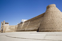 Uzbekistan, Bukhara, Entrance, outer walls and viewing gallery of the Ark Fortress, Registan Square.