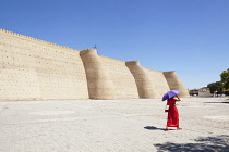 Uzbekistan, Bukhara, Outer walls of the Ark Fortress, Registan Square.