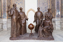 Uzbekistan, Samarkand, Rumi, Ulugh Beg, Jamshed, Khavofi and Kushchi statue, Ulugh Beg Madrasah, Registan Square.