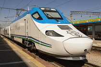 Uzbekistan, Samarkand, Afrosiyob Samarkand to Tashkent fast train, Samarqand railway station.