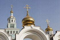 Uzbekistan, Tashkent, Bell tower and domes, Saint Uspensky Sobor Russian Orthodox Assumption Cathedral.