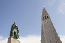 Iceland, Reykjavik, Leifur Eriksson statue and Hallgrimskirkja Church.
