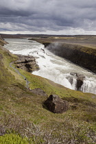 Iceland, Southwest, Gullfoss Waterfall and Gullfoss Gorge, on the Hvita River.