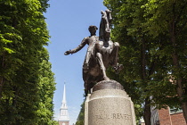 USA, Massachusetts, Boston, Statue of Paul Revere, Old North Church behind, North End, Paul Revere Mall.