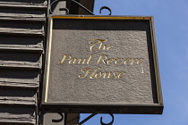 USA, Massachusetts, Boston, Sign outside Paul Revere House, 19 North Square, North End.