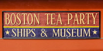 USA, Massachusetts, Boston, Boston Tea Party Ships and Museum sign, outside Museum, Congress Street Bridge.