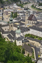 Austria, Salzburg, View of St Peter's Abbey Church and the Franciscan Church from the Festung Hohensalzburg Fortress.