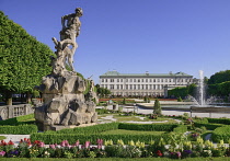 Austria, Salzburg, Mirabell Palace and Gardens with statue and fountain.