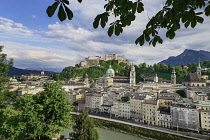 Austria, Salzburg, Vista of the city centre area as far as the Festung Hohensalzburg Fortress from the Kapuzinerberg Viewpoint.