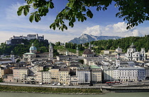 Austria, Salzburg, Vista of the city centre area as far as the Festung Hohensalzburg Fortress from the Kapuzinerberg Viewpoint.