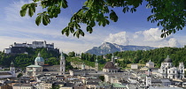 Austria, Salzburg, Vista of the city centre area as far as the Festung Hohensalzburg Fortress from the Kapuzinerberg Viewpoint.