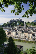 Austria, Salzburg, Vista of the city centre area as far as the Festung Hohensalzburg Fortress from the Kapuzinerberg Viewpoint.