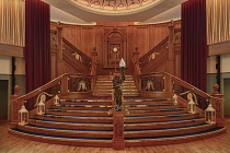 Ireland, Belfast, Titanic Quarter, Titanic Belfast Visitor Experience, Interior showing the replica ballroom stircase/.