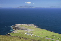 Ireland, County Kerry, Valentia Island, View towards the Dingle Peninsula from Geokaun Mountain Park with Radio Station in foreground.