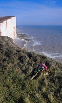 England, East Sussex, Eastbourne, Floral tribute left at Beachy Head.